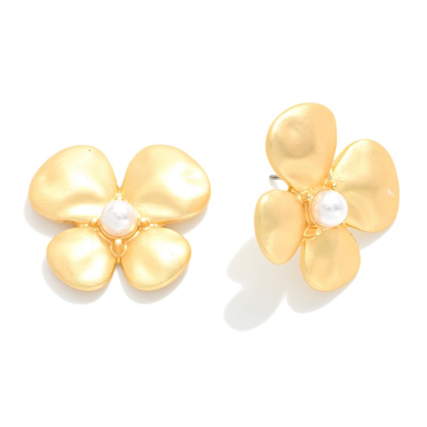 Metal Tone Flower Post Drop Earring Featuring Pearl 

- Approximately 1" L 