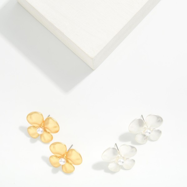 Metal Tone Flower Post Drop Earring Featuring Pearl 

- Approximately 1" L 