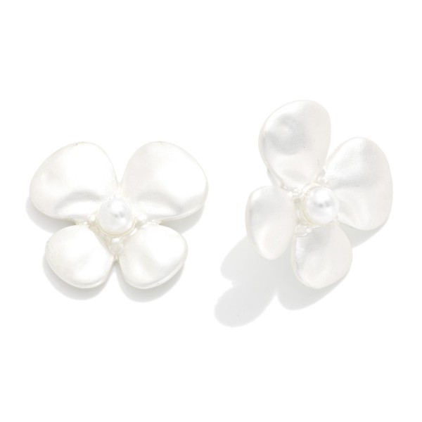 Metal Tone Flower Post Drop Earring Featuring Pearl 

- Approximately 1" L 