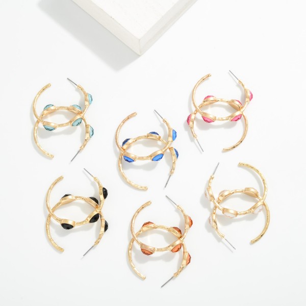 Metal Tone Hoop Drop Earring Featuring Glitter Acetate Oval Stations 

- Approximately 1.50" D 