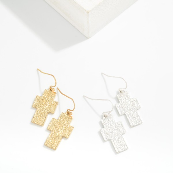 Textured Metal Cross Drop Earrings 

- Approximately 1" L