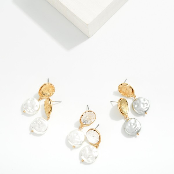 Metal Tone Flower Post Drop Earring Linked With Flat Pearl Dangle Detail 

- Approximately 1.50" L  