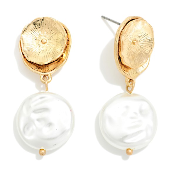 Metal Tone Flower Post Drop Earring Linked With Flat Pearl Dangle Detail 

- Approximately 1.50" L  