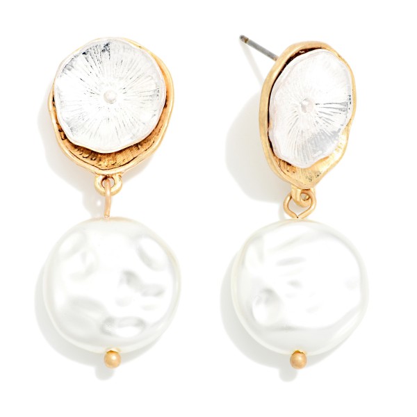 Metal Tone Flower Post Drop Earring Linked With Flat Pearl Dangle Detail 

- Approximately 1.50" L  