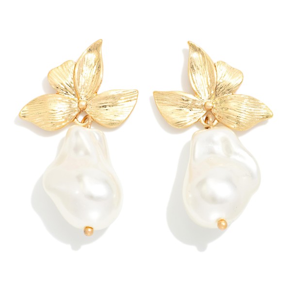 Metal Petals & Baroque Pearl Post Drop Earrings 

- Approximately 1.75" L