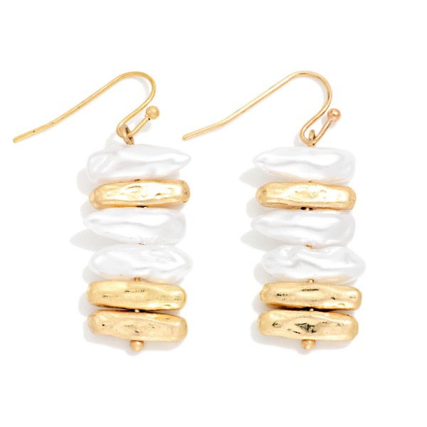 Rectangular Pearl & Hammered Metal Bead Drop Earrings 

- Approximately 1.5" L