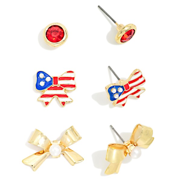 Set Of Three Americana Stud Earrings Featuring Bows & Rhinestones 

- Approximately .5" L