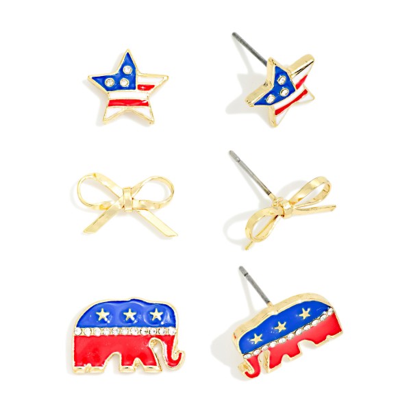 Set Of Three Americana Stud Earrings Featuring Bow, Star, & Elephant 

- Approximately .5" L