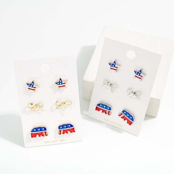 Set Of Three Americana Stud Earrings Featuring Bow, Star, & Elephant 

- Approximately .5" L