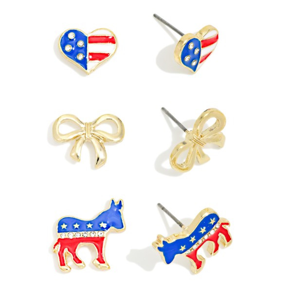Set Of Three Americana Stud Earrings Featuring Bow, Heart, & Donkey

- Approximately .5" L