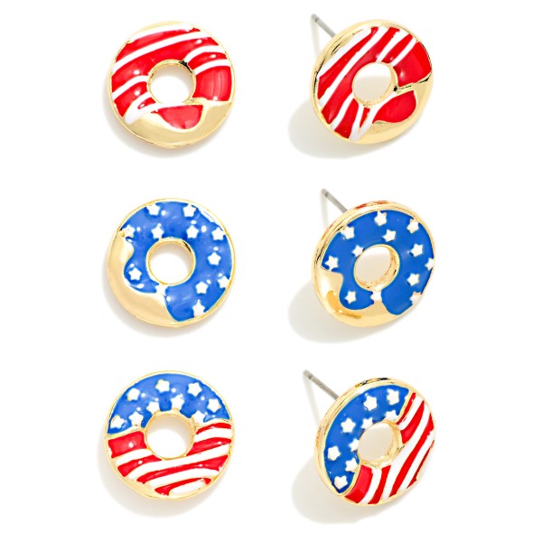 Set Of Three Enamel Americana Donut Stud Earrings 

- Approximately .5" L