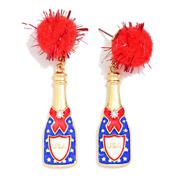 Enamel Americana Champagne Bottle & Pom Post Drop Earrings 

- Approximately 2" L