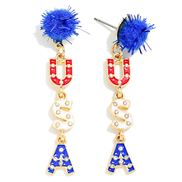 Enamel Americana USA & Pom Post Drop Earrings 

- Approximately 2" L