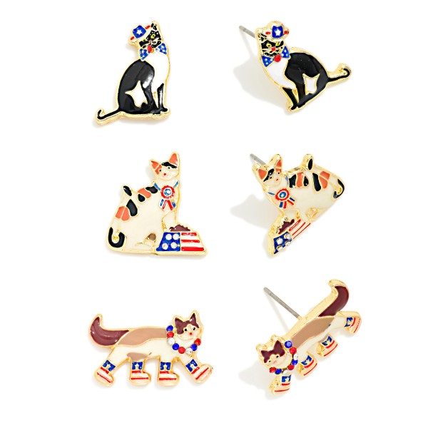 Set Of Three Enamel Americana Cat Stud Earrings 

- Approximately .5-.75" L