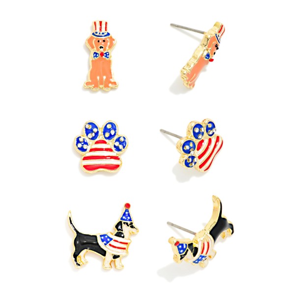Set Of Three Enamel Americana Dog Stud Earrings 

- Approximately .5-.75" L