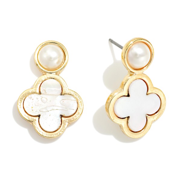 Pearlescent Clover & Pearl Post Drop Earrings 

- Approximately .75" L