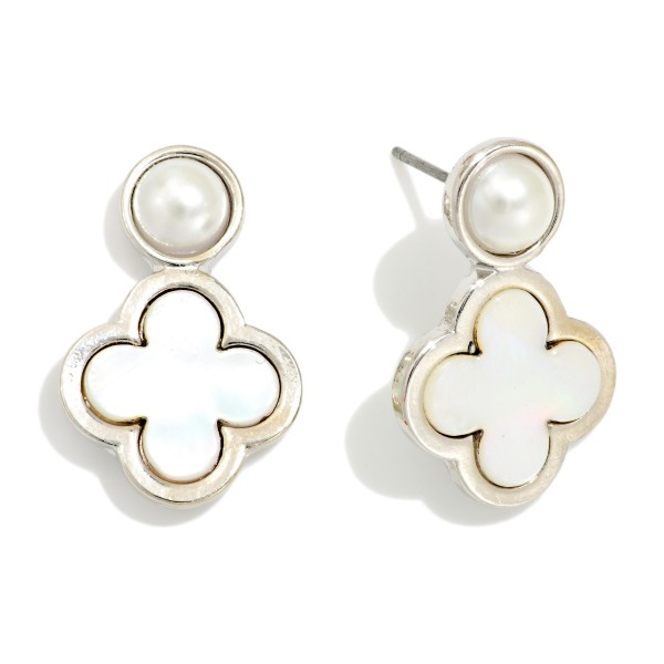 Pearlescent Clover & Pearl Post Drop Earrings 

- Approximately .75" L