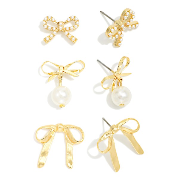 Set Of Three Metal Tone & Pearl Bow Stud Earrings

- Gold Dipped
- Approximately .5" L