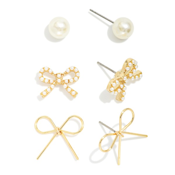 Set Of Three Metal Tone Earrings Featuring Bows & Pearls 

-Approximately .05-.75" L 