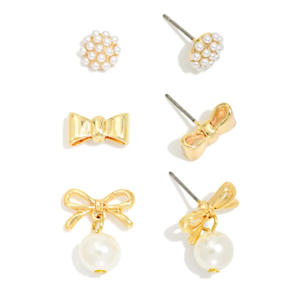 Set Of Three Metal Tone Bow & Pearl Cluster Stud Earrings 

- Approximately .5" L