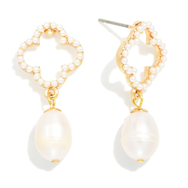 Linked Pearl Beaded Clover & Pearl Post Drop Earrings 

- Gold Dipped
- Approximately 1" L