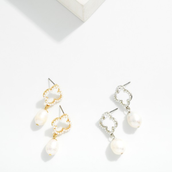 Linked Pearl Beaded Clover & Pearl Post Drop Earrings 

- Gold Dipped
- Approximately 1" L
