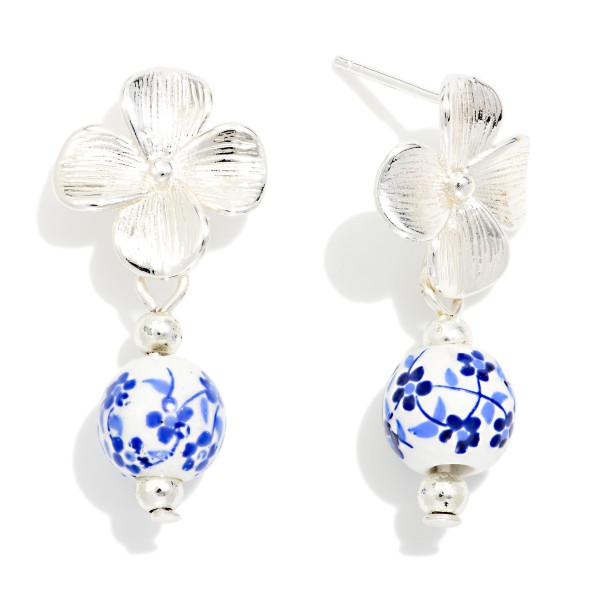 Metal Tone Flower & Chinoiserie Bead Post Drop Earrings

- Approximately .75" L