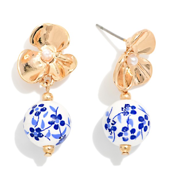 Metal Tone Flower & Linked Chinoiserie Bead Post Drop Earrings 

- Gold Dipped
- Approximately 1" L