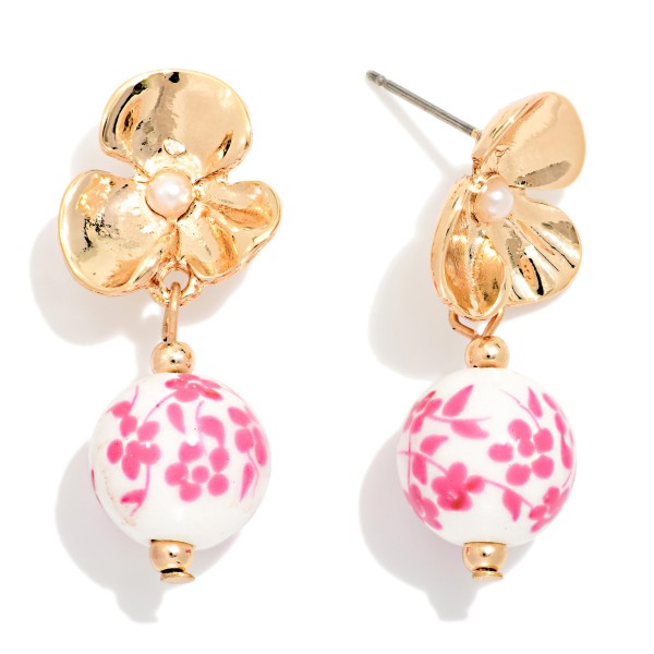 Metal Tone Flower & Linked Chinoiserie Bead Post Drop Earrings 

- Gold Dipped
- Approximately 1" L