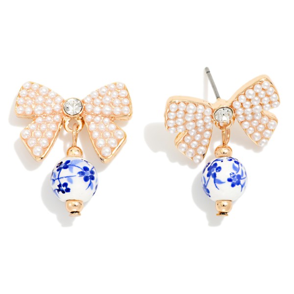 Pearl Beaded Bow & Chinoiserie Bead Post Drop Earrings

- Gold Dipped 
- Approximately .75" L
