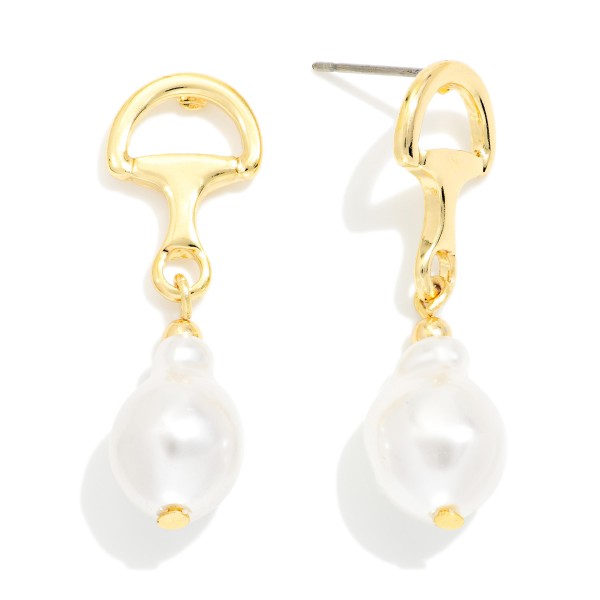 Metal Tone Horsebit & Pearl Post Drop Earrings 

- Gold Dipped 
- Approximately 1" L