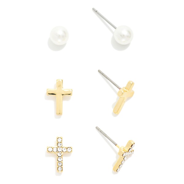 Set Of Three Stud Earrings Featuring Crosses & Pearls 

- Gold Dipped
- Approximately .25-.5" L