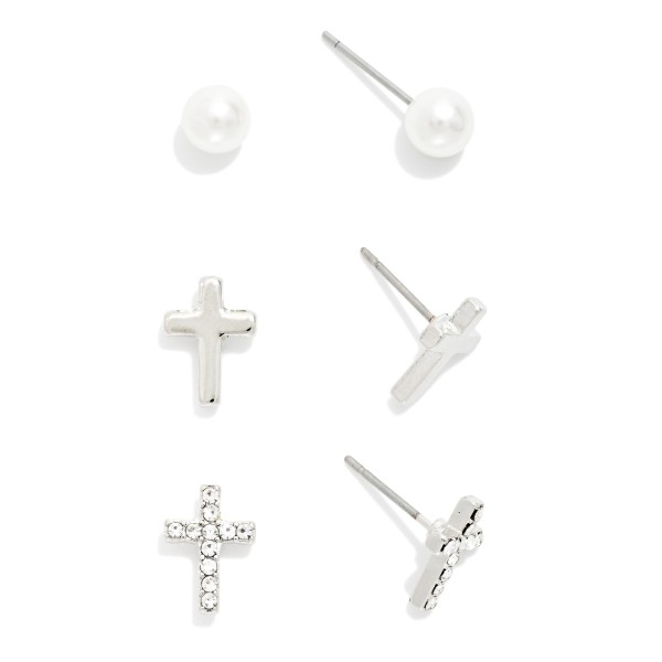 Set Of Three Stud Earrings Featuring Crosses & Pearls 

- Gold Dipped
- Approximately .25-.5" L
