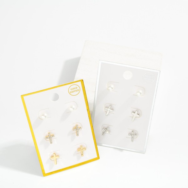Set Of Three Stud Earrings Featuring Crosses & Pearls 

- Gold Dipped
- Approximately .25-.5" L