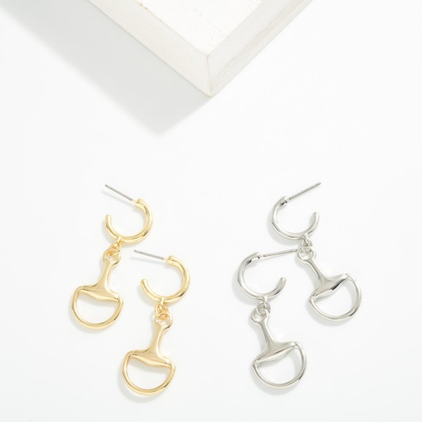 Metal Horsebit And Linked Hoop Drop Earring 

- Approximately 1.5" L 
- Gold Tone 
- Hypoallergenic 
