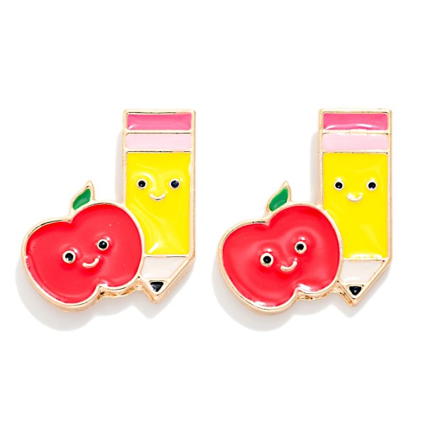 Enamel Pencil & Apple Stud Earrings 

- Approximately .75" L