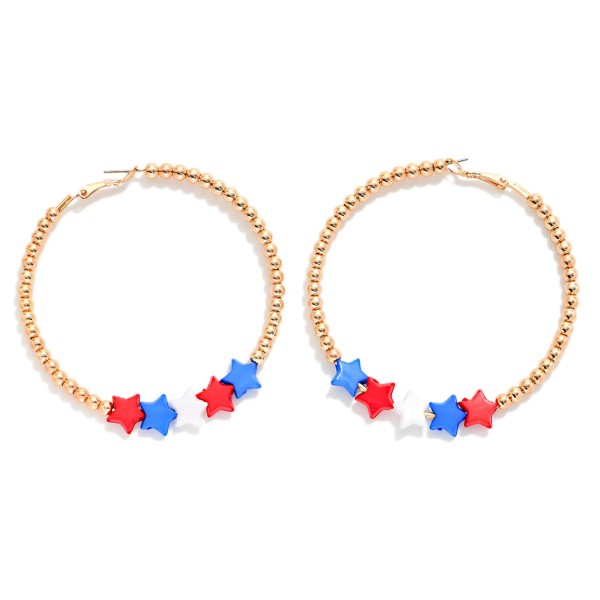 Large Metal Tone Beaded Hoop Earrings Featuring Americana Stars 

- Approximately 2.25" D