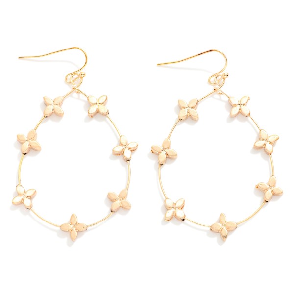 Meta Tone Teardrop drop Earring Featuring Metal Flower Stations 

- Approximately 2.5" L 