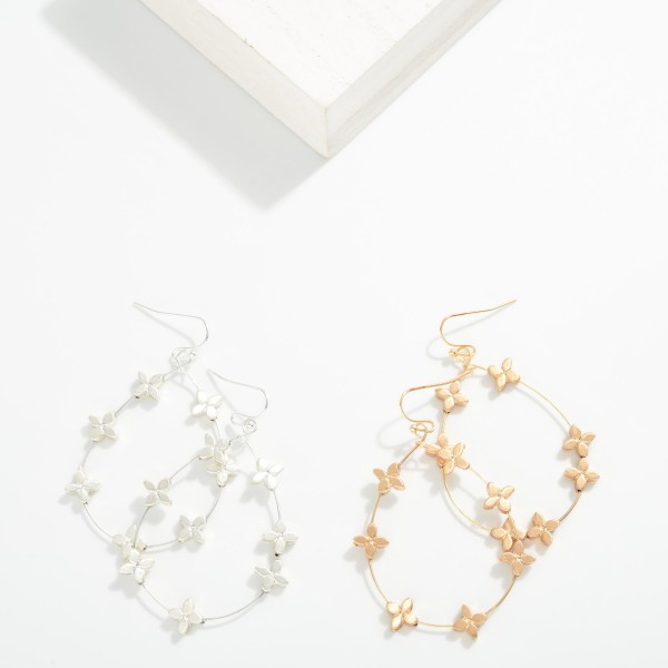 Meta Tone Teardrop drop Earring Featuring Metal Flower Stations 

- Approximately 2.5" L 