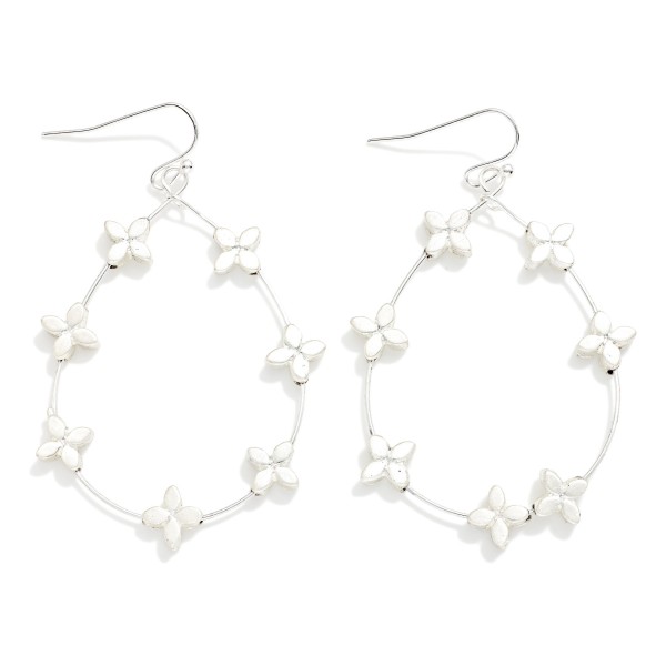 Meta Tone Teardrop drop Earring Featuring Metal Flower Stations 

- Approximately 2.5" L 