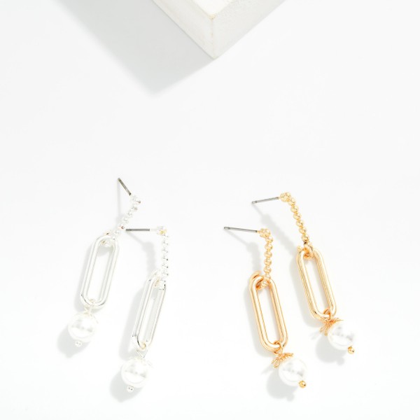 Metal Tone Bubble Bar & Linked Oval Post Drop Earrings With Pearl Detail 

- Approximately 1.5" L