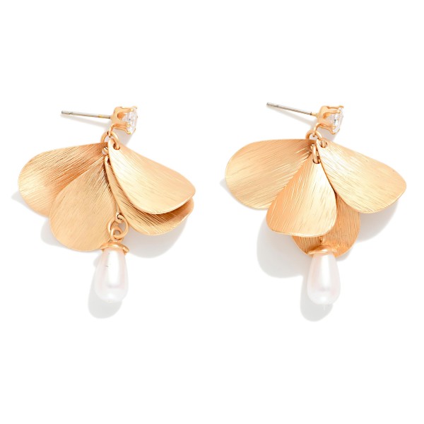Linked Brushed Petals Drop Earrings With Pearl Detail & Rhinestone Post

- Approximately 1.5" L 