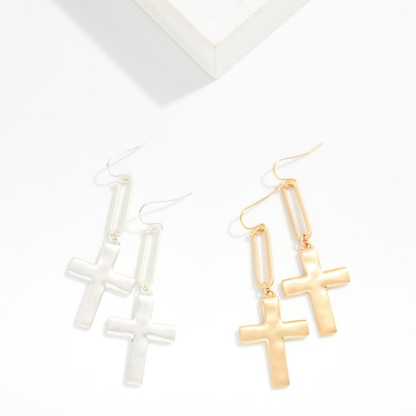 Metal Tone Oval & Cross Drop Earrings 

- Approximately 2" L