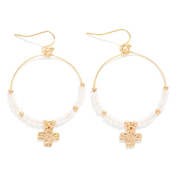 Beaded Hoop Drop Earrings Featuring Hammered Metal Plus Cross Detail 

- Approximately 2" L