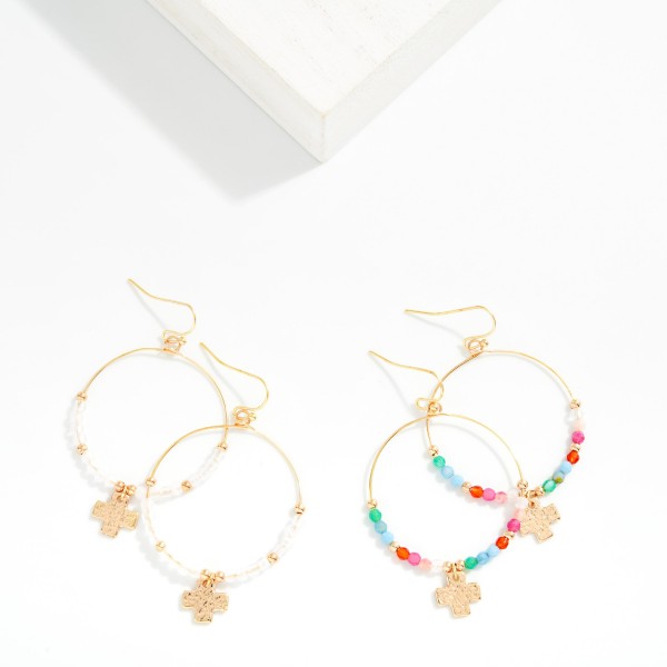 Beaded Hoop Drop Earrings Featuring Hammered Metal Plus Cross Detail 

- Approximately 2" L