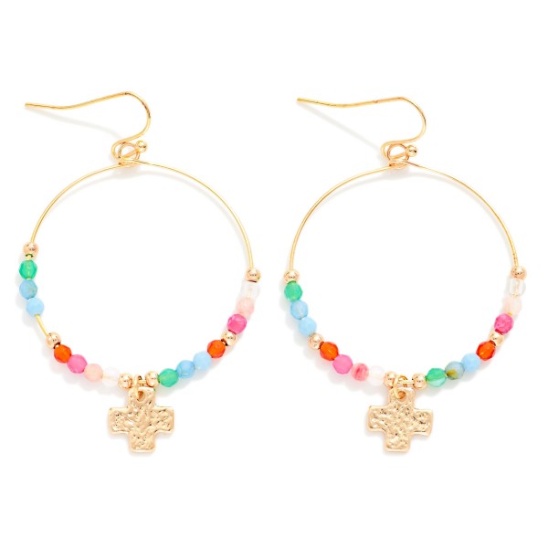 Beaded Hoop Drop Earrings Featuring Hammered Metal Plus Cross Detail 

- Approximately 2" L