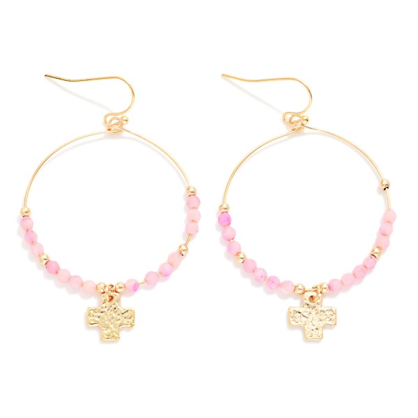 Beaded Hoop Drop Earrings Featuring Hammered Metal Plus Cross Detail 

- Approximately 2" L