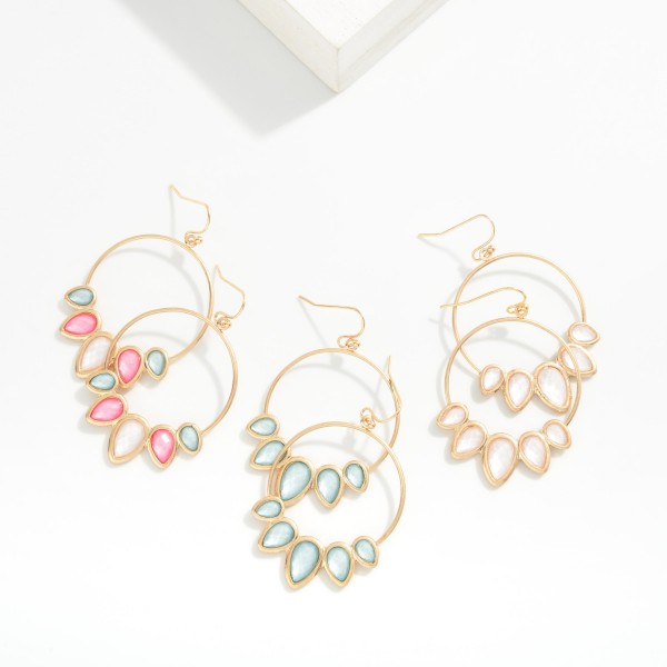 Metal Tone Drop Hoop Earrings With Acetate Teardrop Details 

- Approximately 2" L