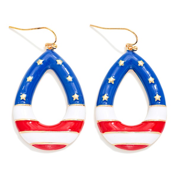 Metal Tone Teardrop Enamel Americana Flag Drop Earring 

- Approximately 2" L 