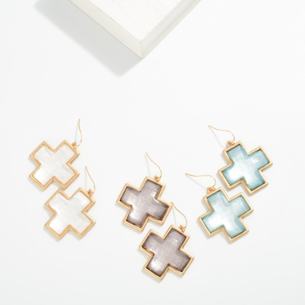 Cross Glass Crystal Drop Earring Featuring Metal Tones 

- Approximately 1.75" L 